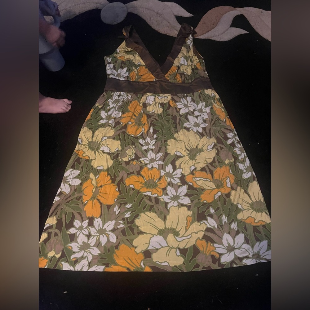 Tommy Bahama Green and Brown 100% Silk Floral Dress Y2K